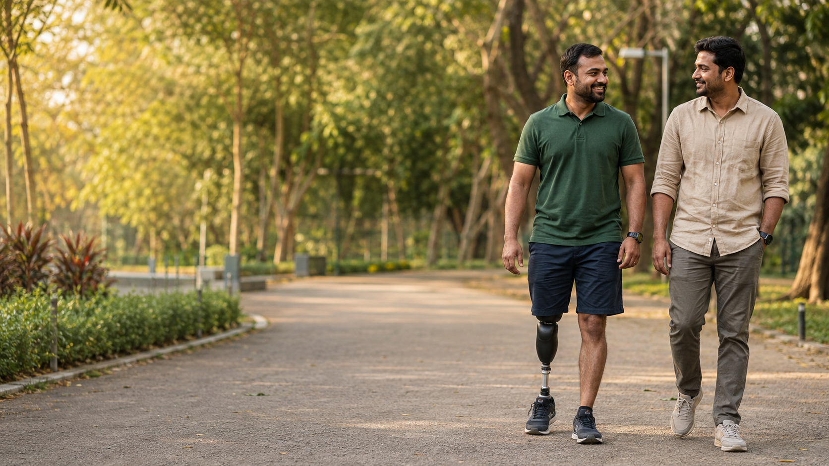 Illustration of everyday independence: two men walking together in a park, one wearing a prosthetic leg