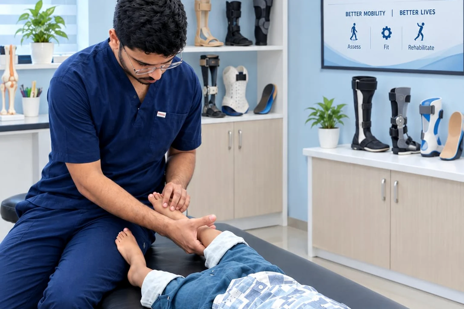 Clinician assessing a young patient’s foot and ankle on an examination table