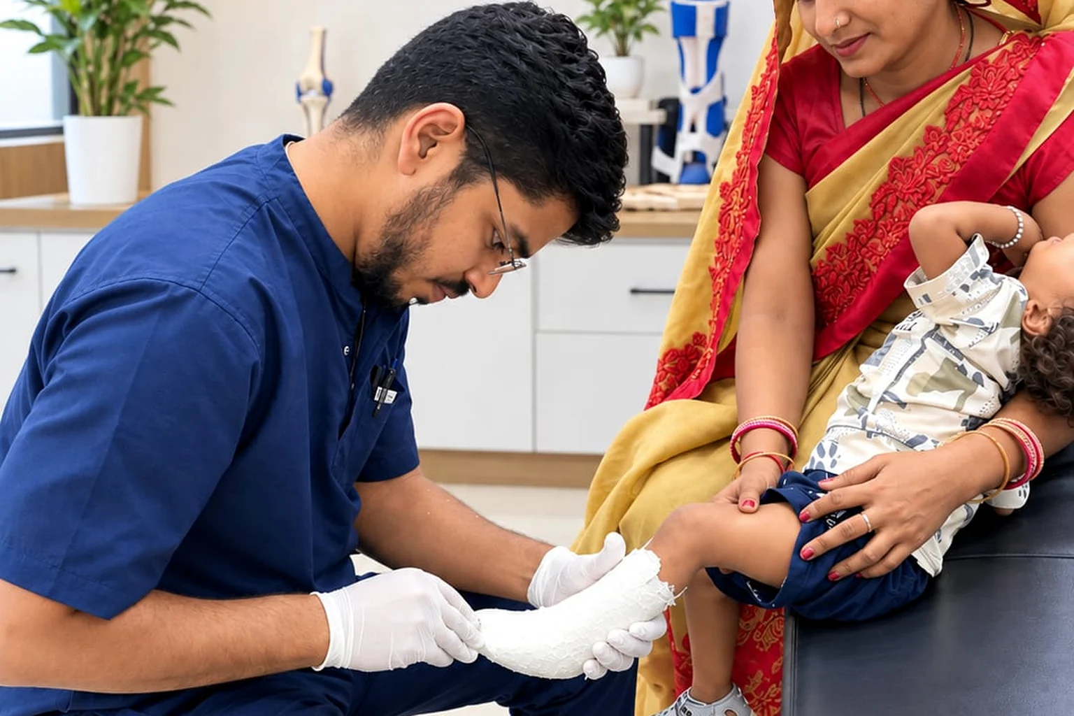 Clinician casting a young patient’s leg for an orthosis while a parent holds them