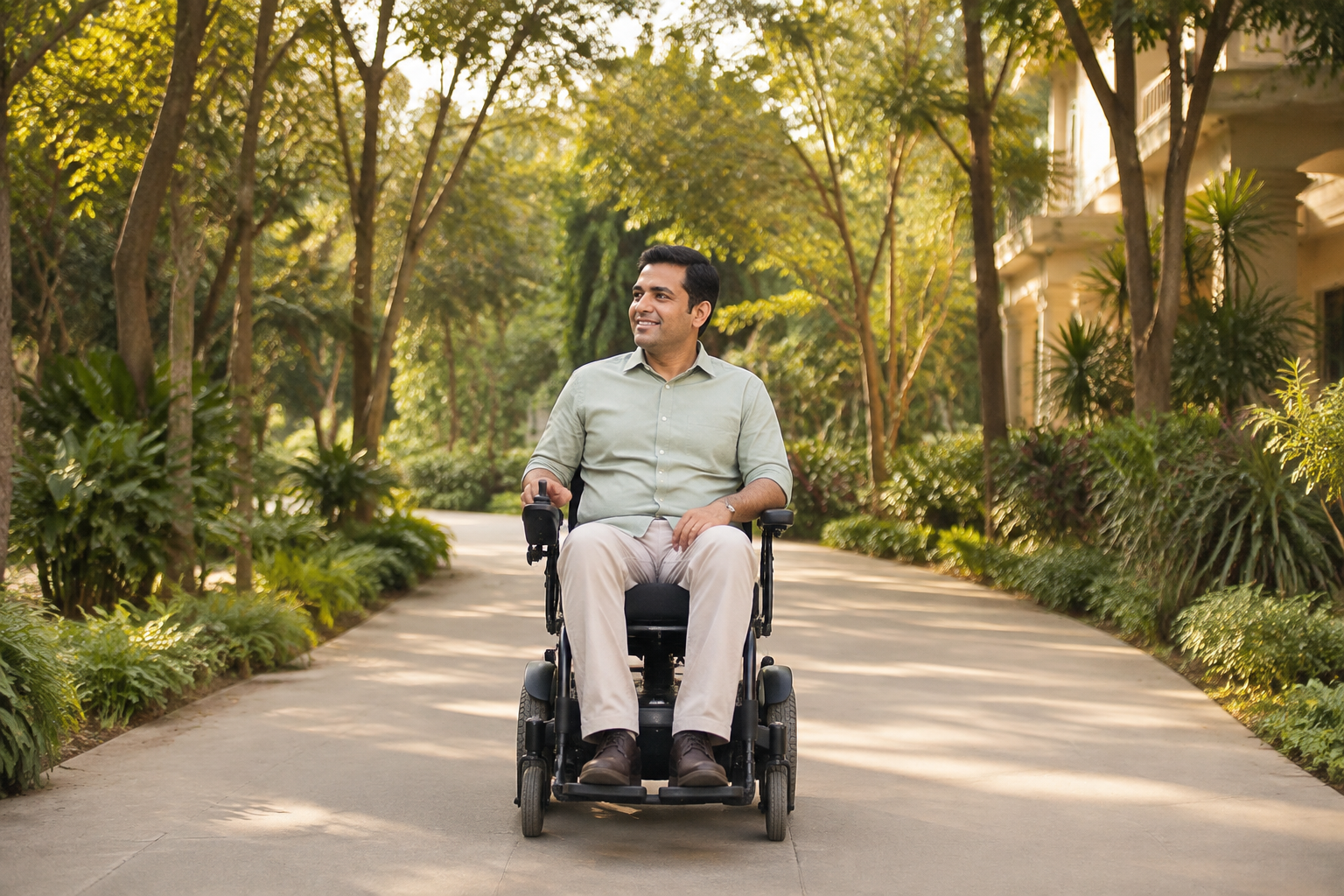 Illustrative powered wheelchair use on a garden path